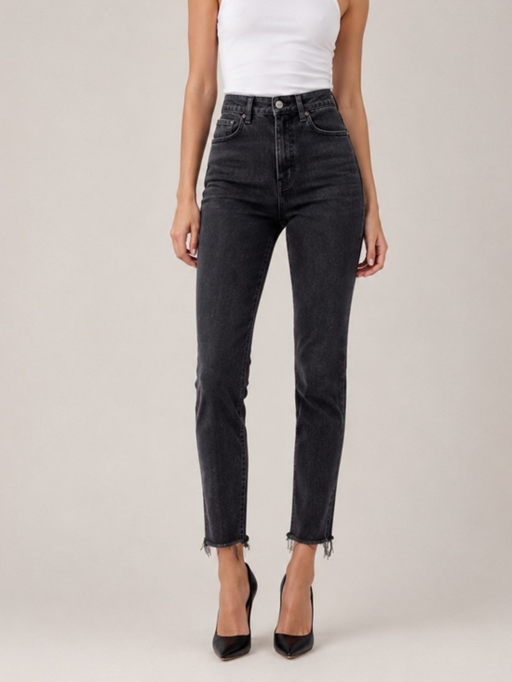 GRLFRND Karolina Skinny Leg Jeans Off Black Raw Hem High Rise Button Fly